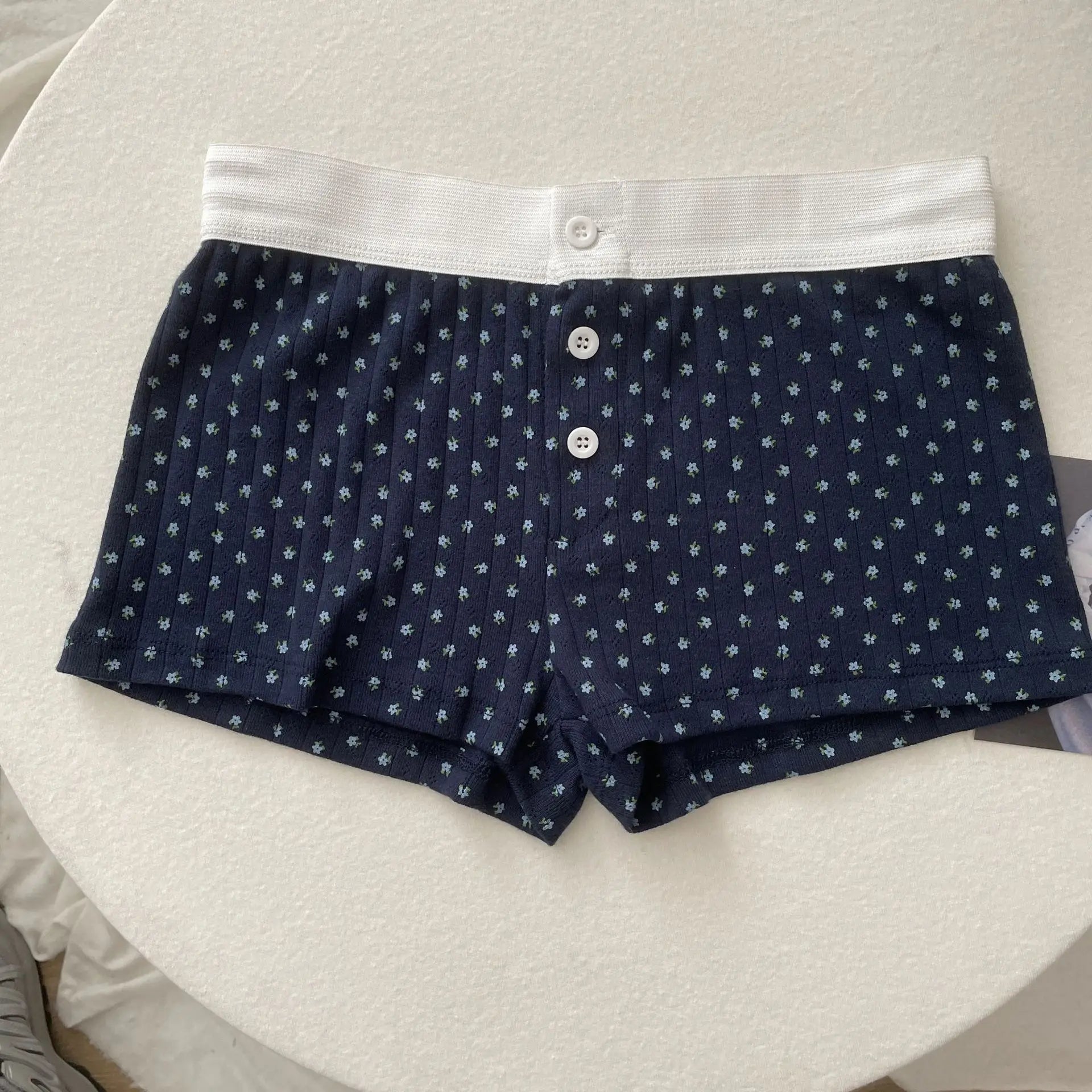 Floral Eyelet Cotton Boy Shorts Woman Summer Three Buttons Patchwork Elastic Waist Straight Short Pant Sweet Cute Home Underwear