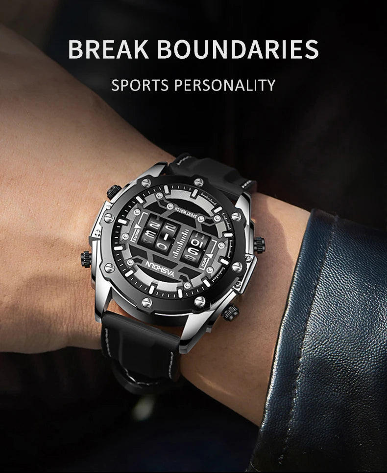 Men Quartz Watch Roller Digital Dial Design Silicone Strap Versatile Wristwatch Clock Waterproof Military Sports Clock
