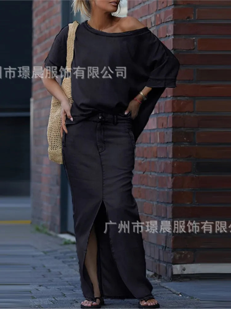 Denim Blue Fashion Split Skirt 2 Piece Set Casual Loose Off-the-shoulder Top + Slim Elegant Pencil Skirt Two-piece Set Women's
