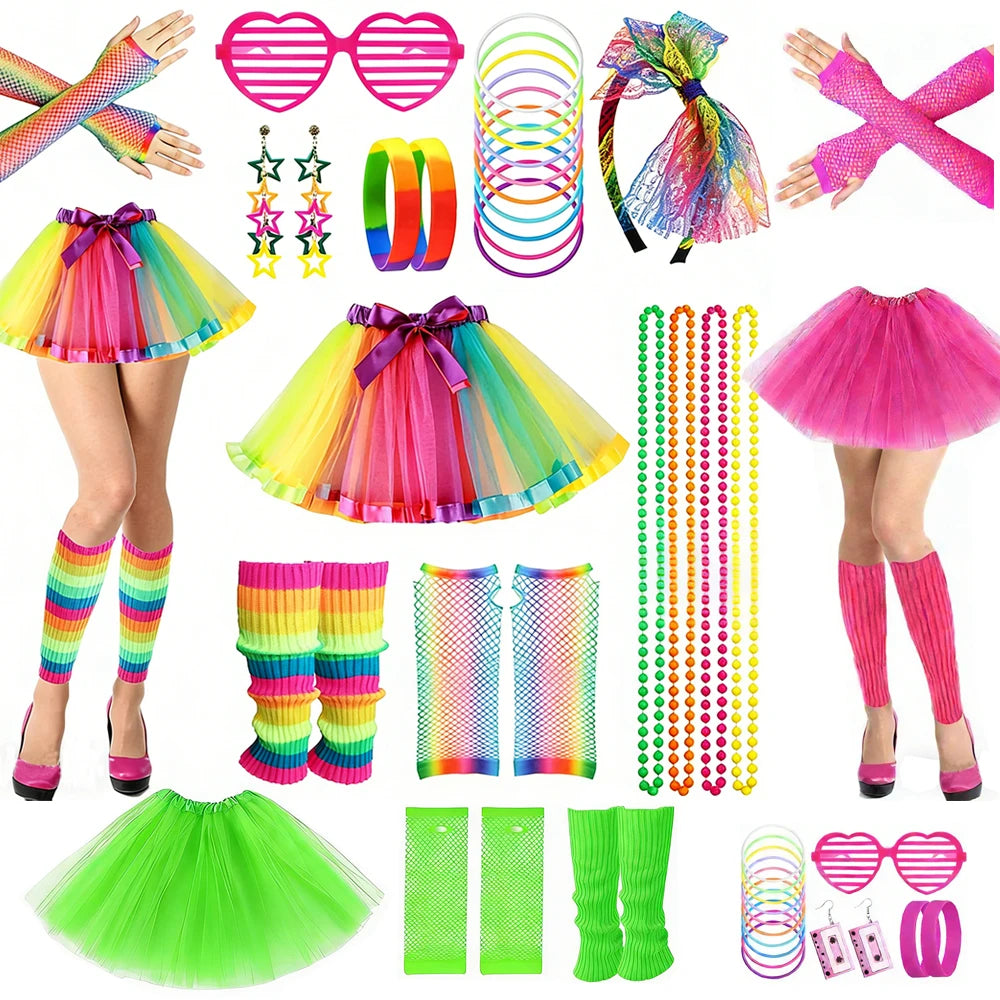 1980S Glittering Apparel Rainbow-Themed Accessories 70S Rainbow Ballet Skirt Headpieces Gloves Necklaces Carnival Halloween Sets