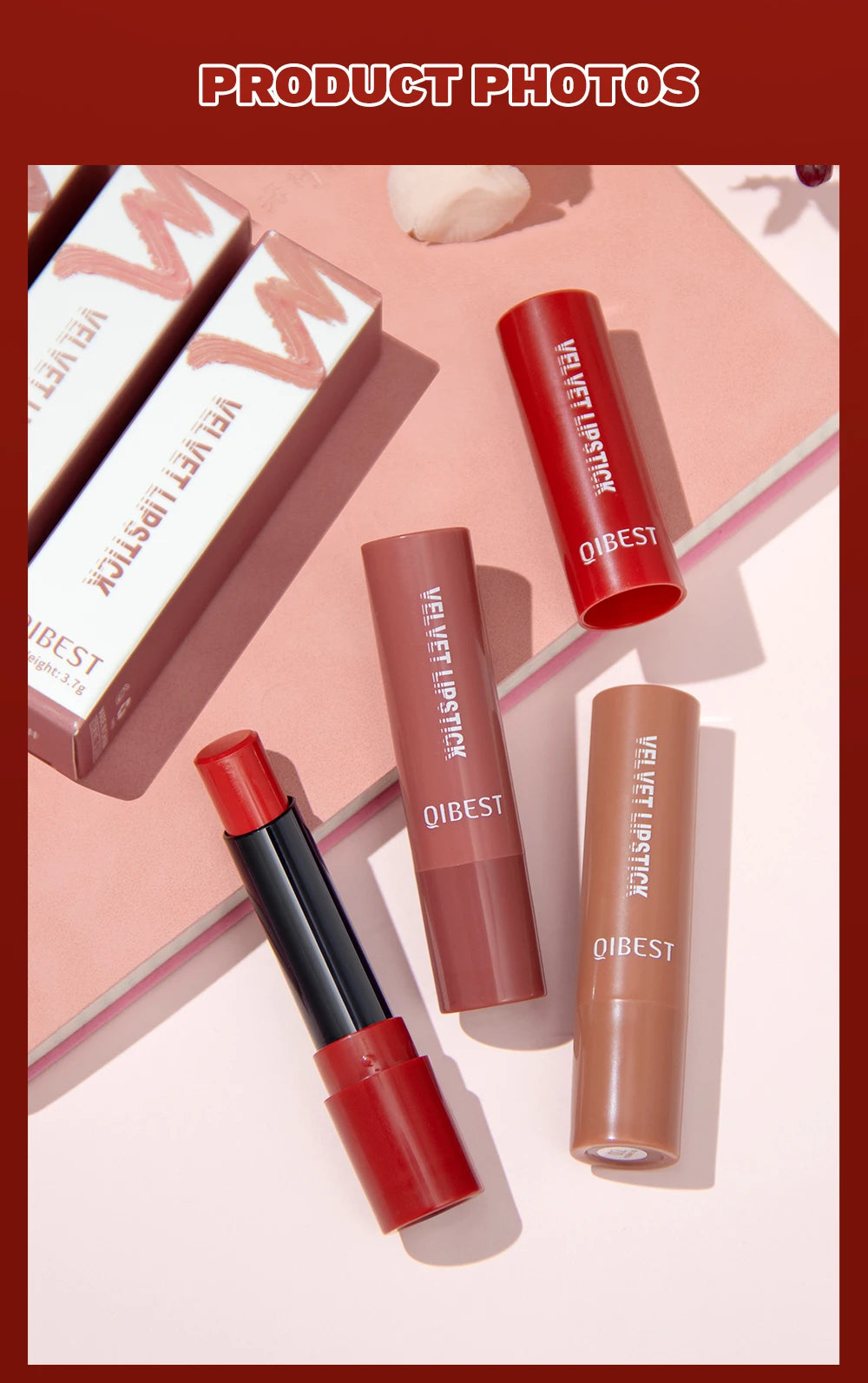 QIBEST Nude Lipstick Matte Lip Gloss High Pigment Makeup Classic Sexy Lipgloss Non-Stick Cup Long Lasting Red Lip Tint Cosmetics