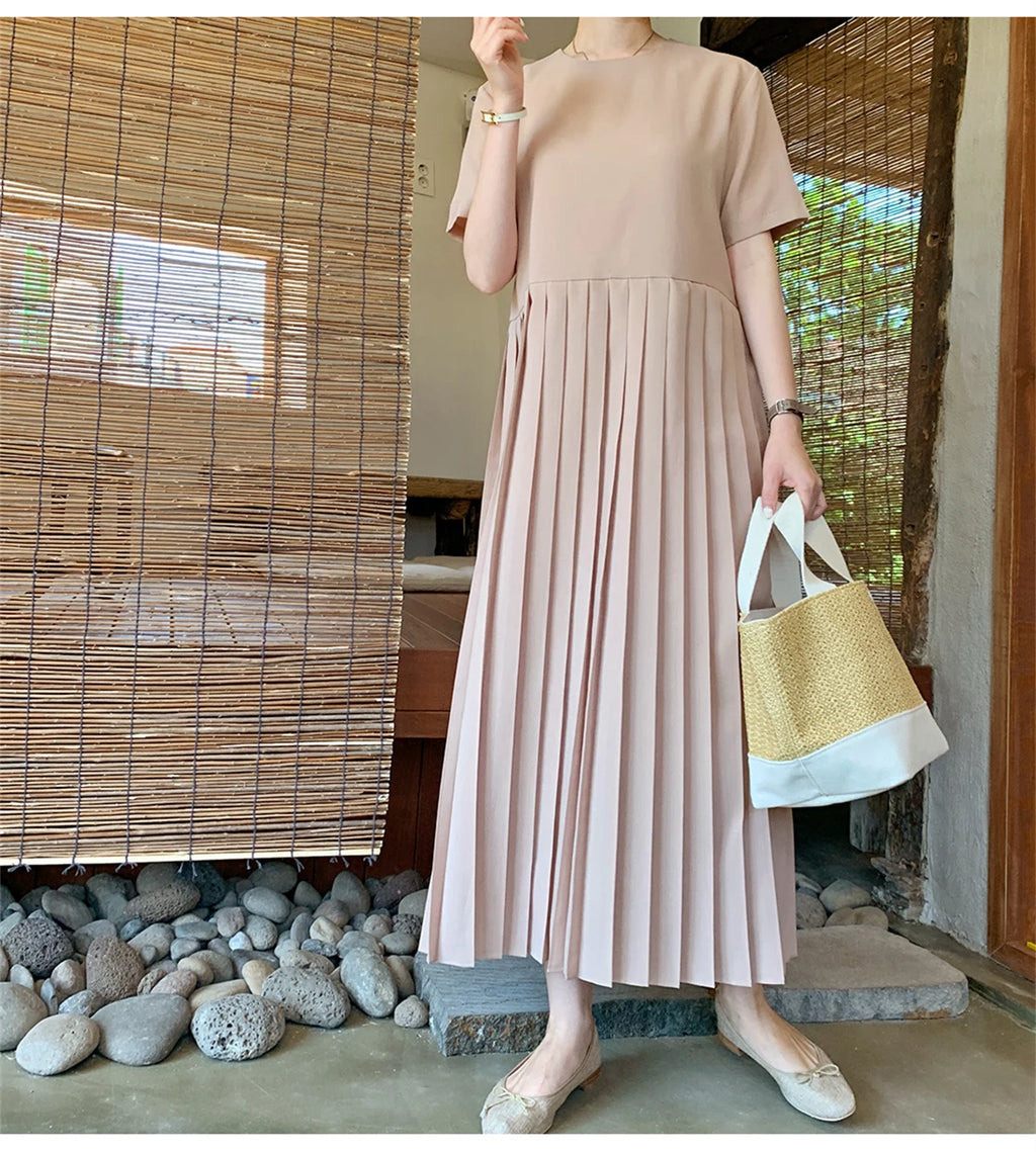 Summer 2024 Korean Sle Loose Slimming ort Sve Chiffon Pleated Long Dr Women's Casual Knee-Over Maxi Dr