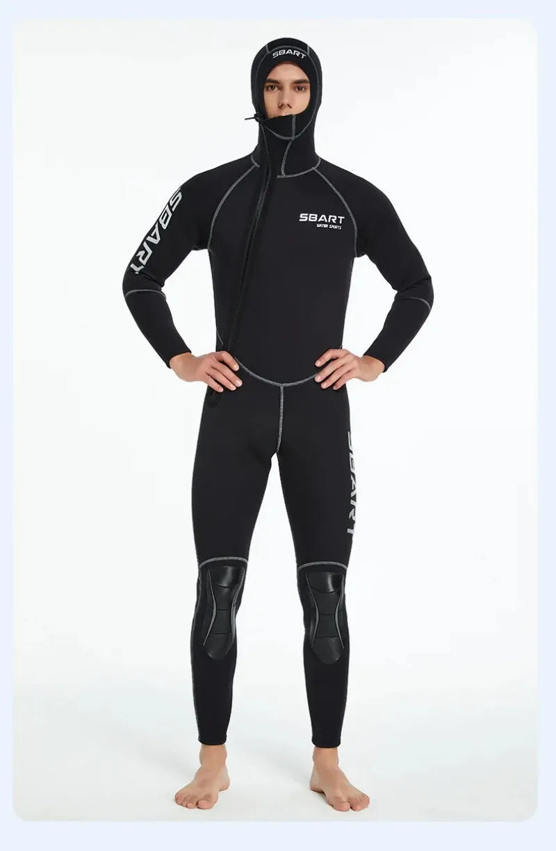 SBART 3mm One-piece Neoprene Wetsuit Men Hooded Warm Long Sleeve Diving Suit Cold Proof Sunscreen Surfing Swimming Snorkeling