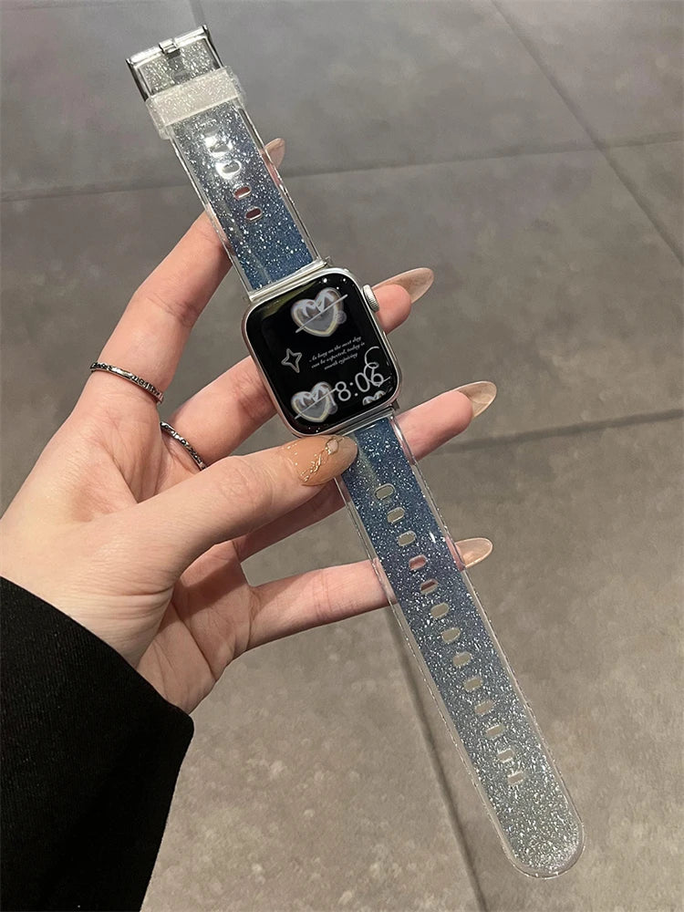 Luxury Glitter Clear Band For Apple Watch Strap 41mm 45mm 44mm 40mm 38mm Girl Sport Plastic Starp For iWatch 9 8 7 6 5 4 3 2 SE