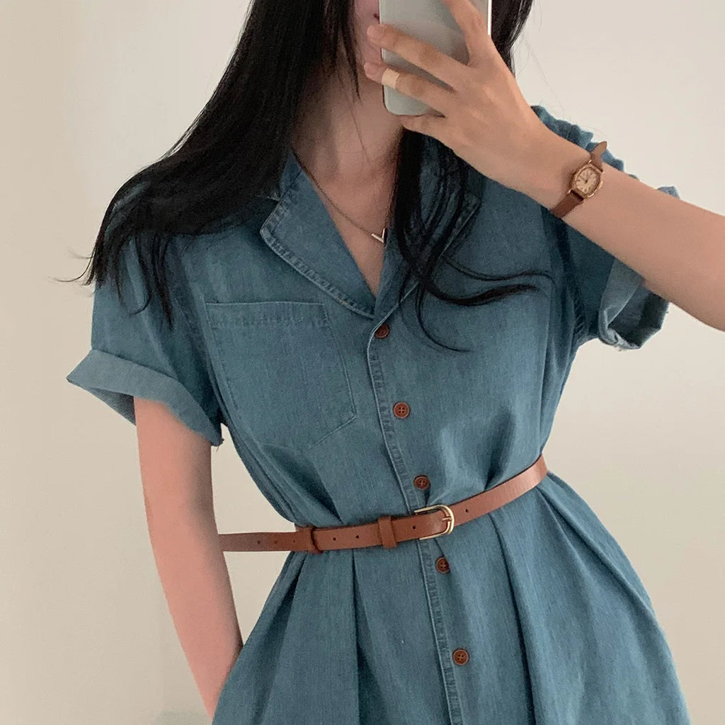 Slimming Chic Retro Chic Long Dr with Belt High Waist A-Line Skirt ort Sve Korean Sle Commute Dr Denim Dr