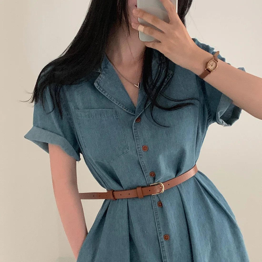 Slimming Chic Retro Chic Long Dr with Belt High Waist A-Line Skirt ort Sve Korean Sle Commute Dr Denim Dr