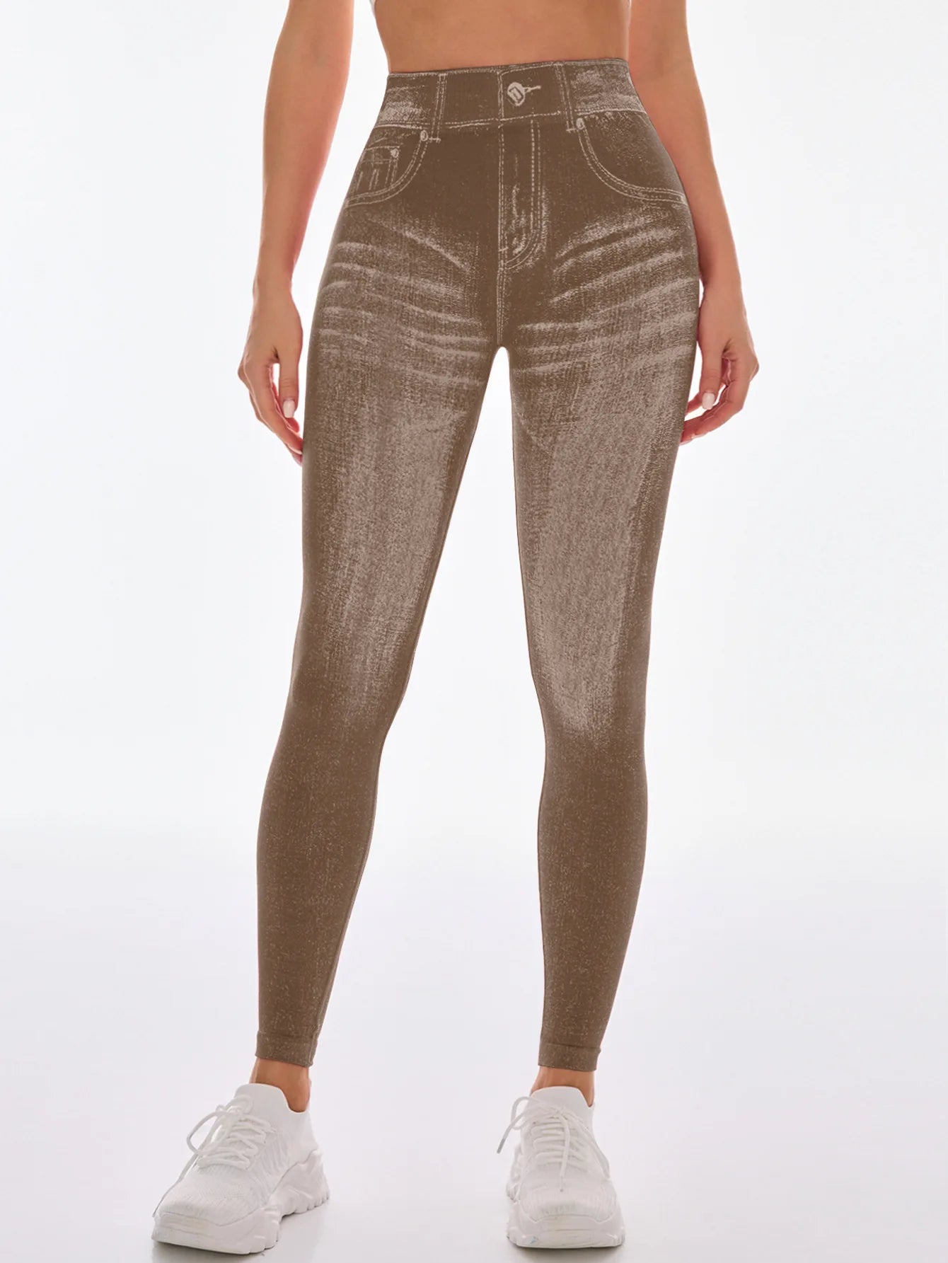 Women's Gym Printed Yoga Tight Pants Seamless High Waisted Denim-like Perforated Fake Pocket Tight Pants Yoga Fitness Leggings