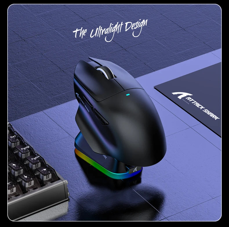 V6 ATTACK SHARK 25000DPI Wireless Mouse,Bluetooth Tri-Mode Connection,Touch Magnetic Charging Base , Macro Gaming Mouse
