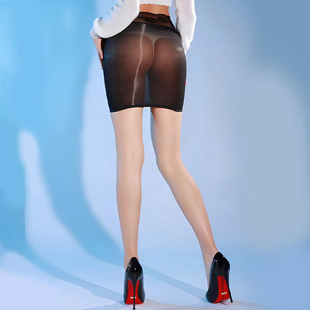 Women Sexy Oil Shiny Short Skirts See Through Tight Glossy Mini Skirt Elastic Pencil Skirt Transparent Lace Lift Hips Skirts