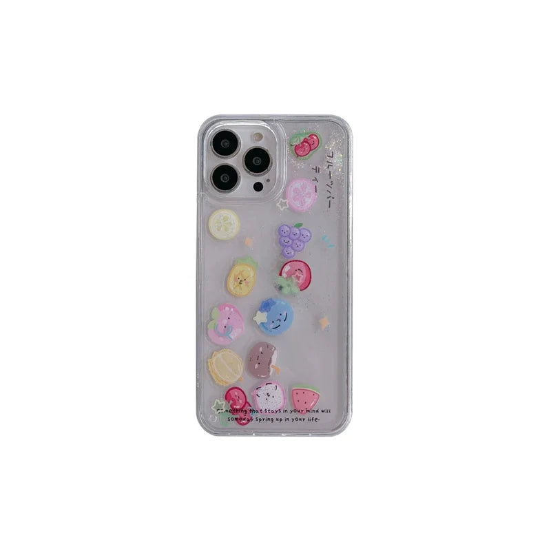 Fruit Floating Icons Quicksand Case for iPhone 16 15 Pro Max Clear Hard Plastic Protective Coque Liquid Sand Cover Phone Housing