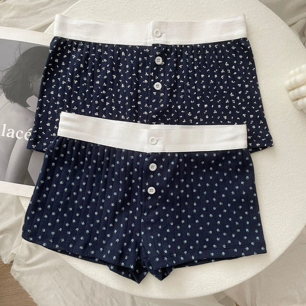 Floral Eyelet Cotton Boy Shorts Woman Summer Three Buttons Patchwork Elastic Waist Straight Short Pant Sweet Cute Home Underwear