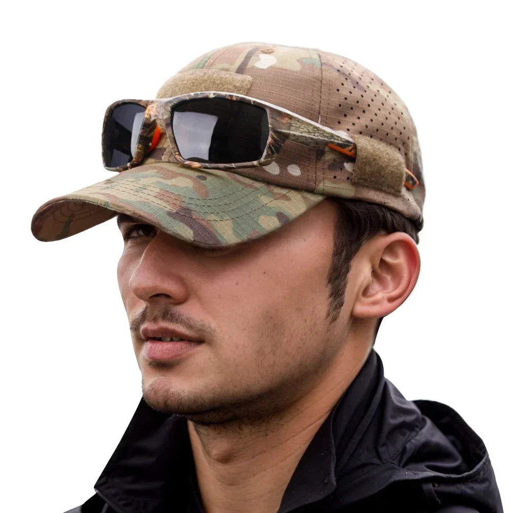 1Pcs Camouflage Baseball Cap Summer Outdoor Tactical Sunscreen Hat for Mens Hiking Fishing Fashion Peaked Cap with DIY Velcro