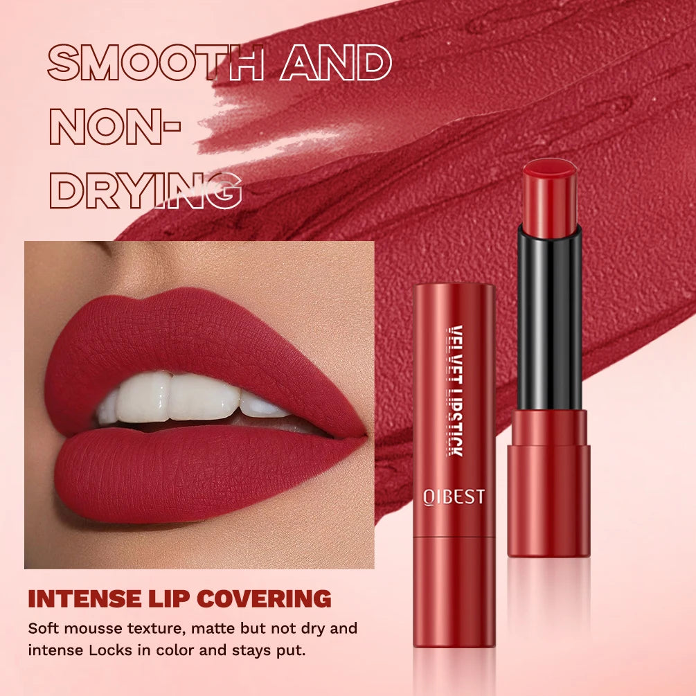 QIBEST Nude Lipstick Matte Lip Gloss High Pigment Makeup Classic Sexy Lipgloss Non-Stick Cup Long Lasting Red Lip Tint Cosmetics