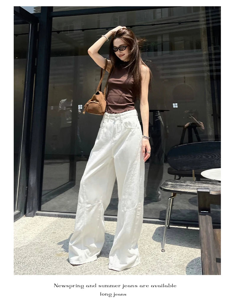 KSTUN 2025 Summer New Women's White Jeans Low Waist Wide Leg Jeans Denim Pants Losoe Fitness Girls Casual Dragging Pants Striped