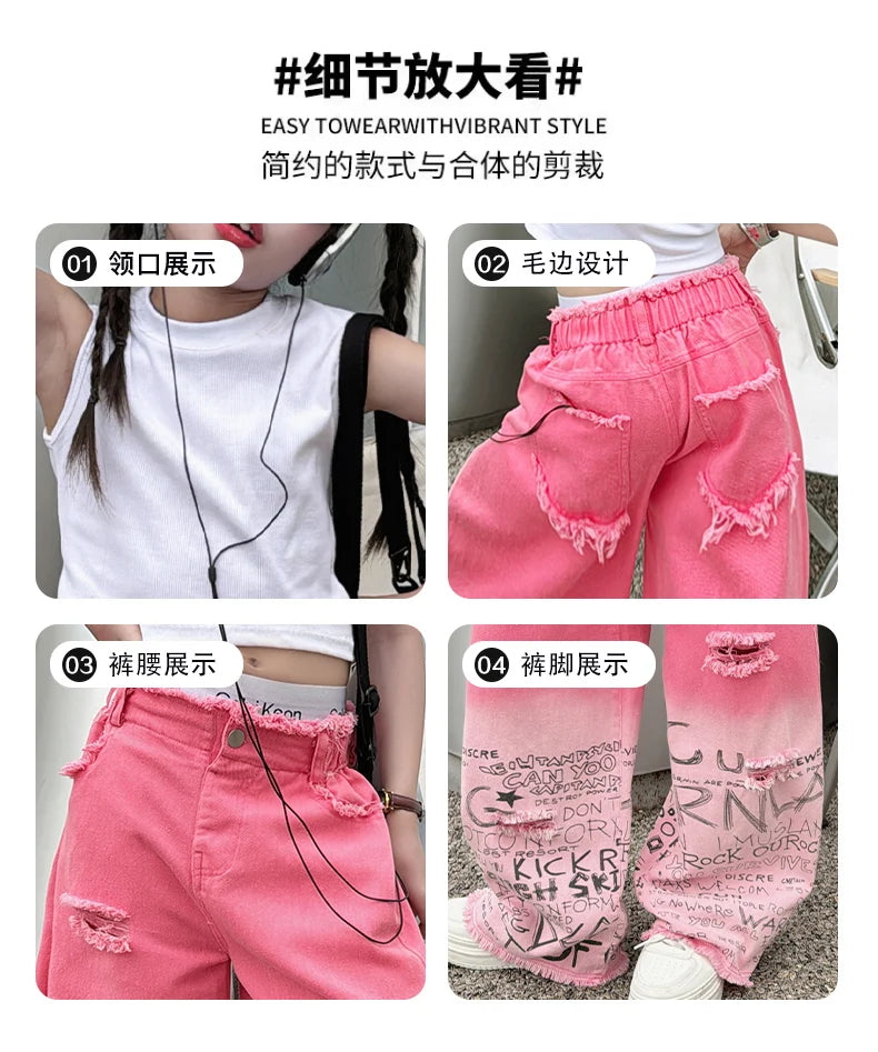 junior girls pink gradient color hole wide leg jeans cotton teenager kids Mop pants pant children trousers adolecentes 4 12 14