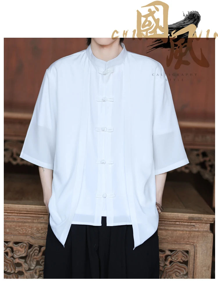 Chinese Shirt Men Ice Silk Chinese Style Comfortable Breathable Retro Shirt  Men Casual Summer Loose Fit Fashion Solid Color Top