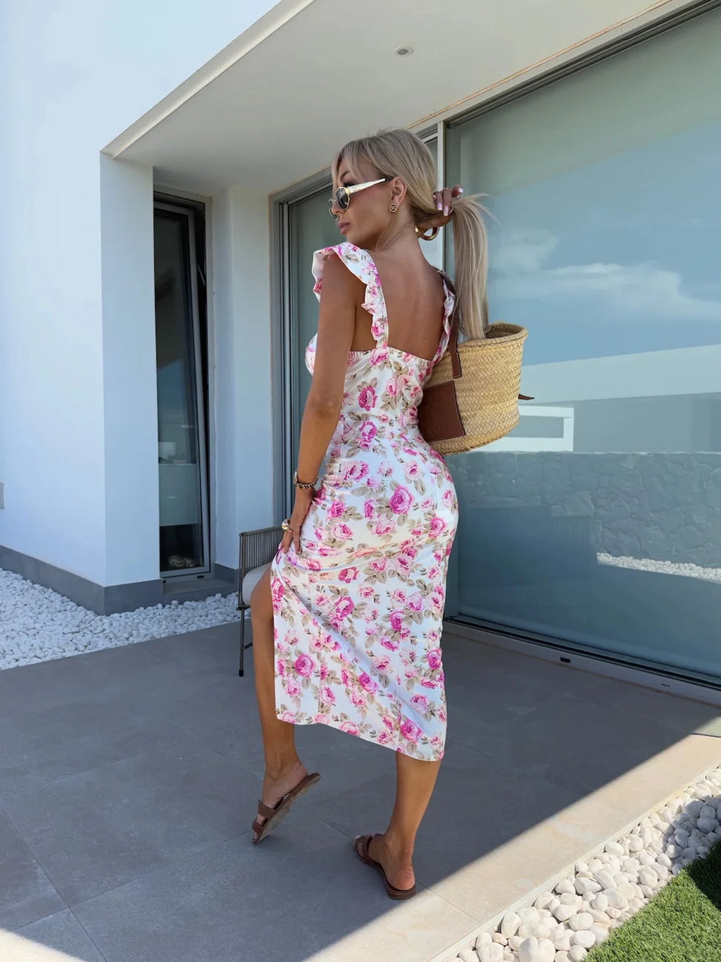 New European and American summer elegant design French flower suspender slit midi-length ladies dress