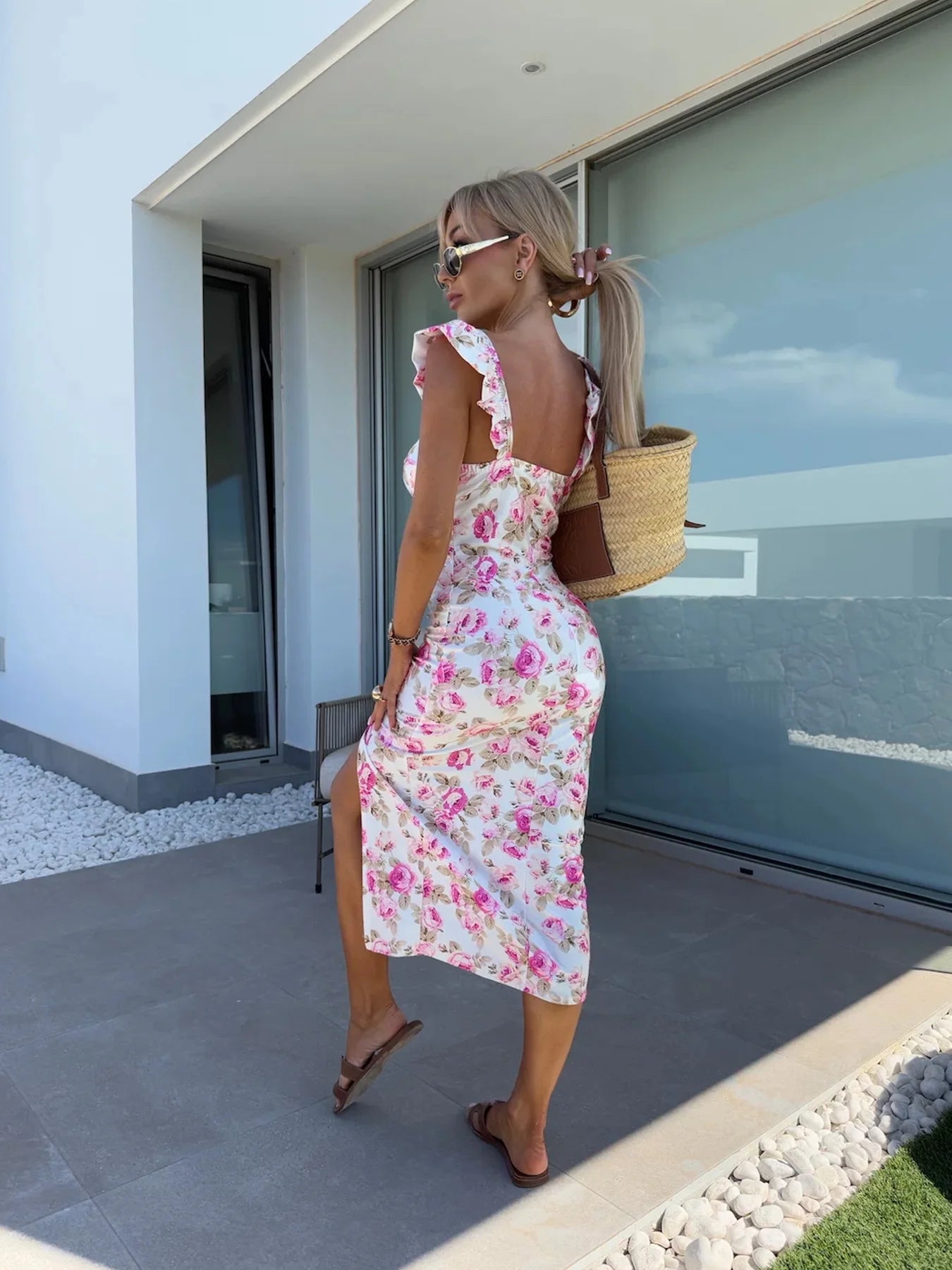 New European and American summer elegant design French flower suspender slit midi-length ladies dress