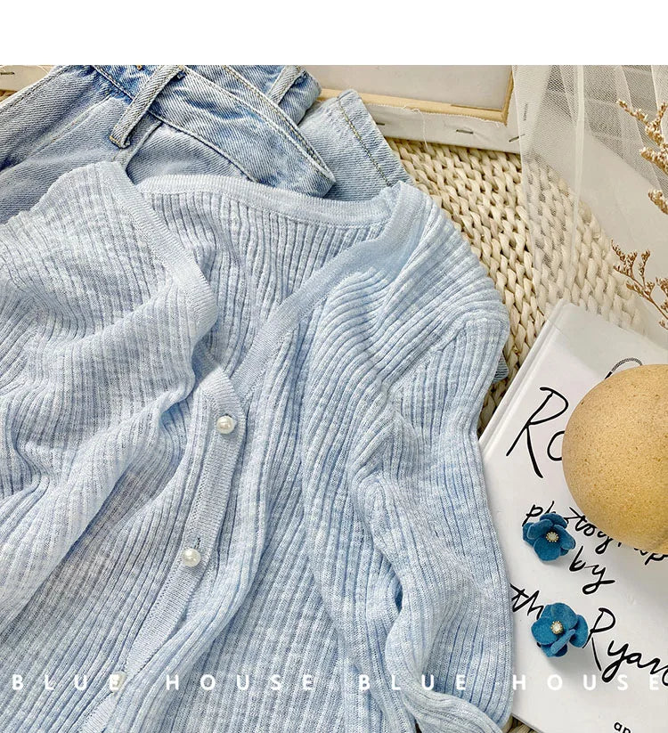 Women 2026 Spring Summer Short Pearl Button Thin Casual Coat Gentle Ruffle Trim Long Sleeve Ice Silk Sunscreen Knitted Cardigan