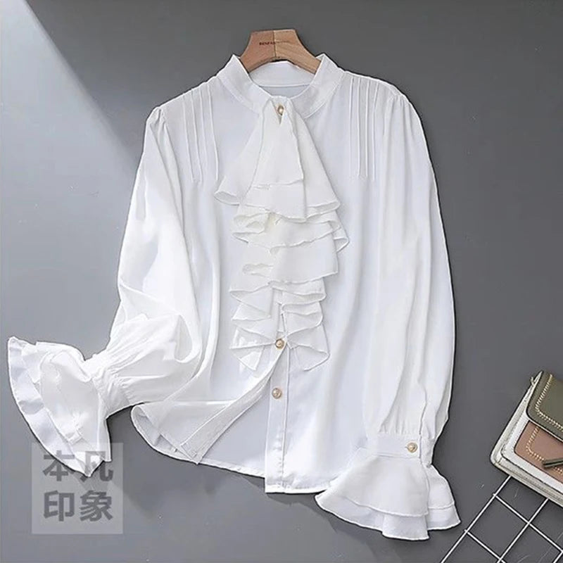 MEXZT Vintage White Shirts Women Elegant Ruffles Flare Long Sleeve Blouses Office Ladies Korean Single Breasted Design Chic Tops