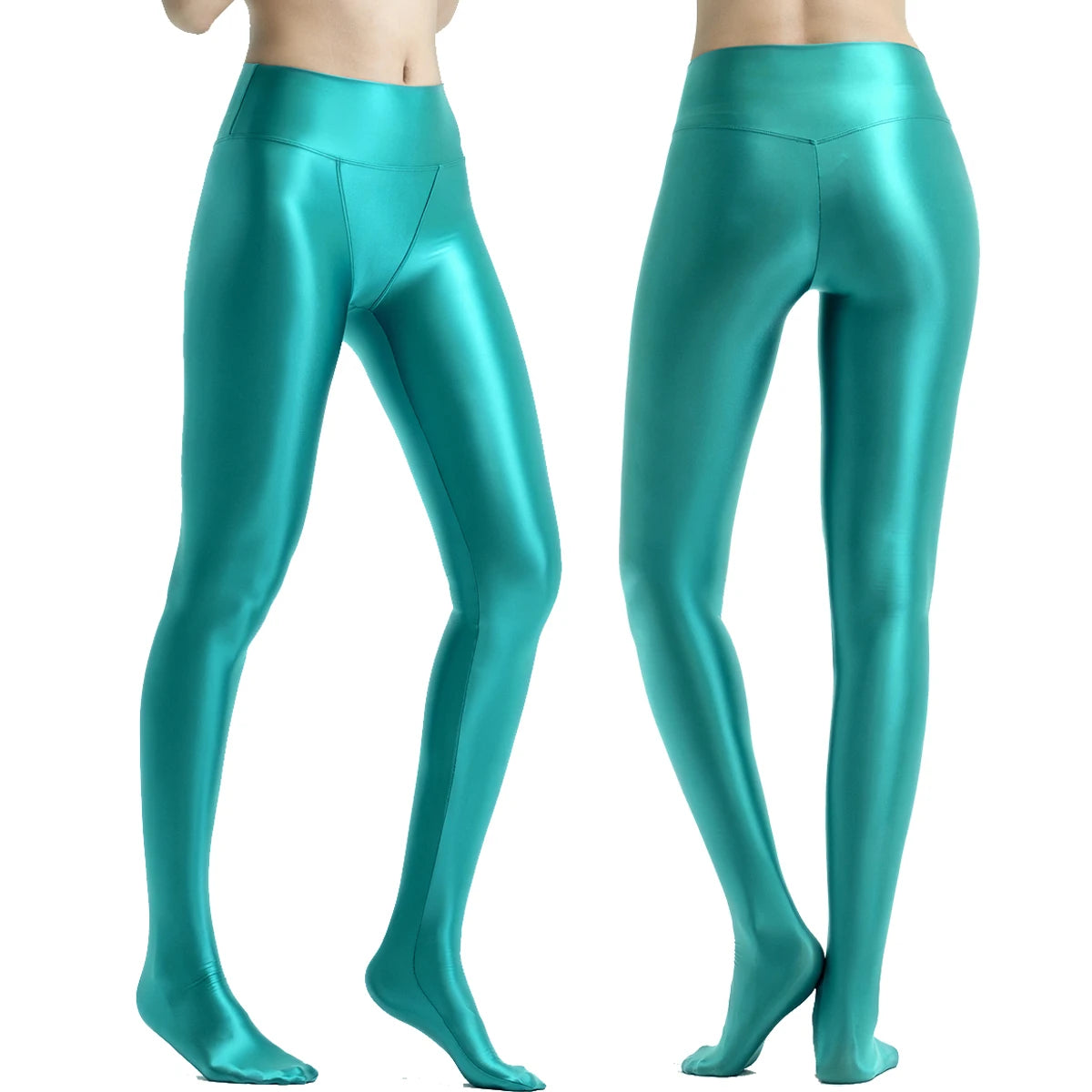 MJINM Women's Shiny Glossy Wide High Waisted V-crotch Pantyhose Yoga Fitness Sporty Gym Breathable Tight Pants Leggings Jeggings