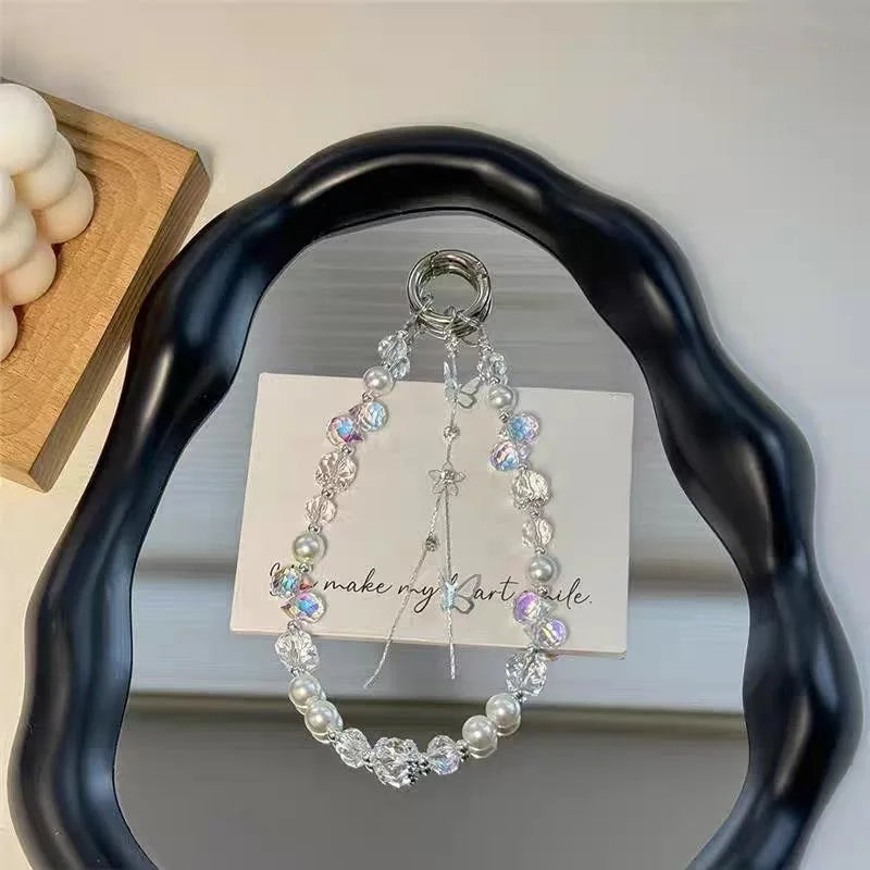 Luxury Sparkle Butterfly Rhinestone Bead Phone Bracelet Strap Charm Chain Knot Cellphone Lanyard Keychain Bag Camera Keychain Pe