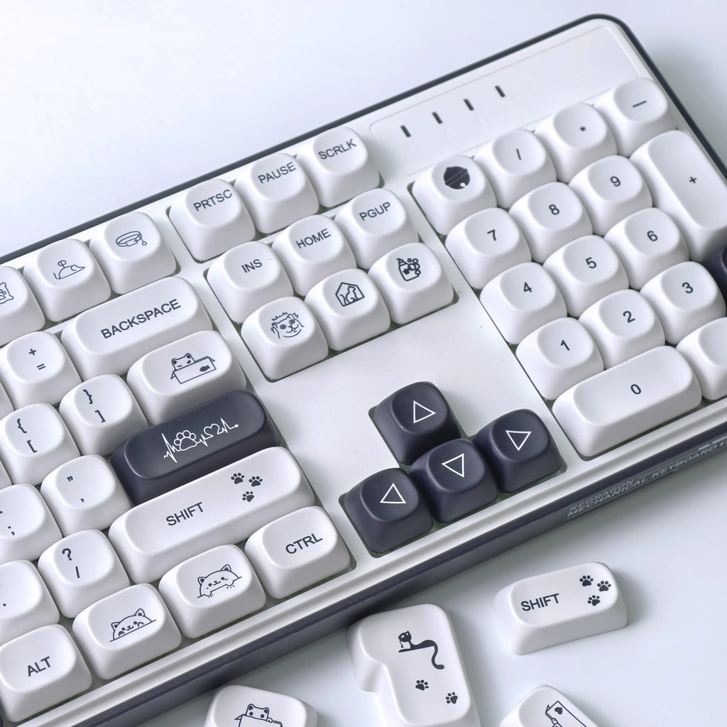 MAIMOOO MOA Keycap Korean Russian English 120Keys Round Cute Pbt Minimalist Style Black And White Cute Kitty Keycaps