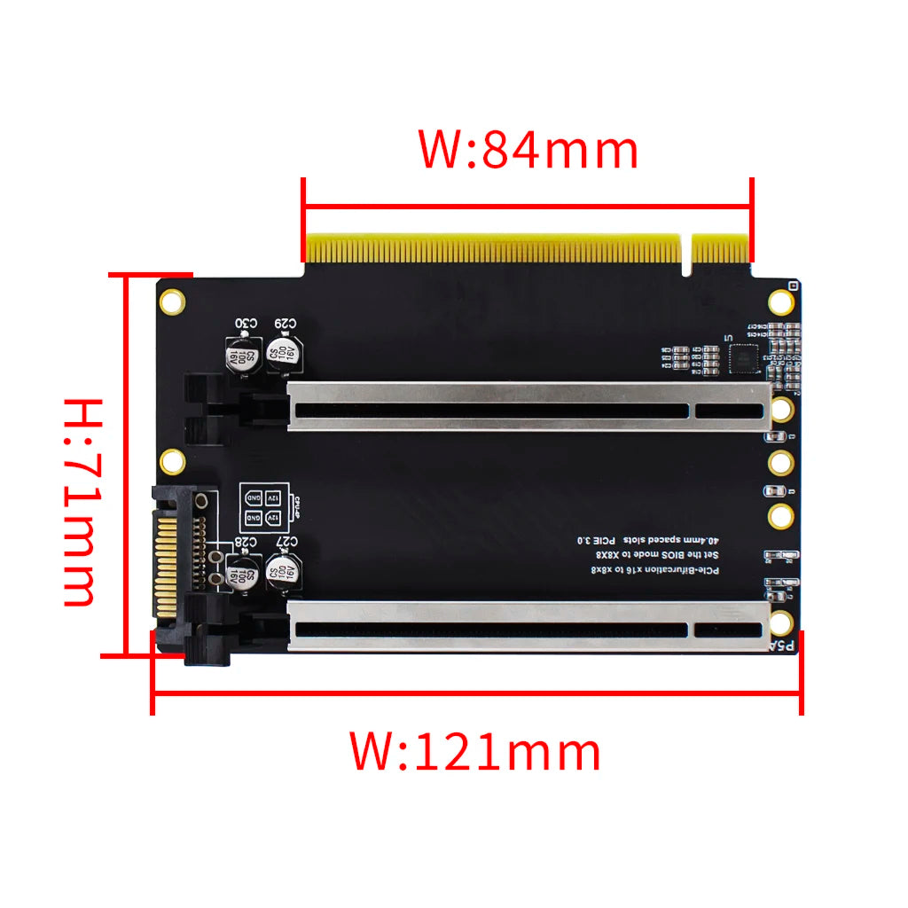 PCIe 3.0 x16 to X8X8 Expansion Card PCIe-Bifurcation Gen3 x16 to x8x8 40.4mm Spaced Slots with Heightened SATA Power Interface