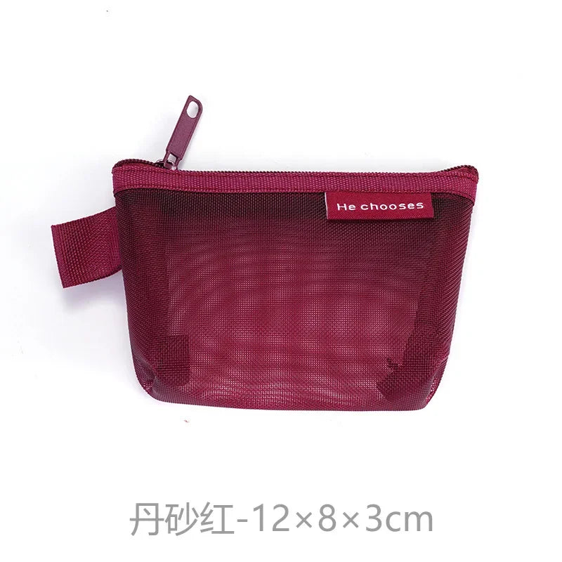Mini Clear Nylon Mesh zipper Cosmetic Bags Cute Women Small Lipstick Makeup Bags Pouch Data Line Key Earphone Organizer Case