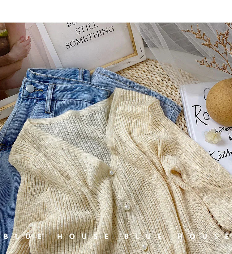 2026 Spring Summer Gentle Ruffle Trim Long Sleeve Ice Silk Sunscreen Knitted Cardigan Women Short Pearl Button Thin Casual Coat
