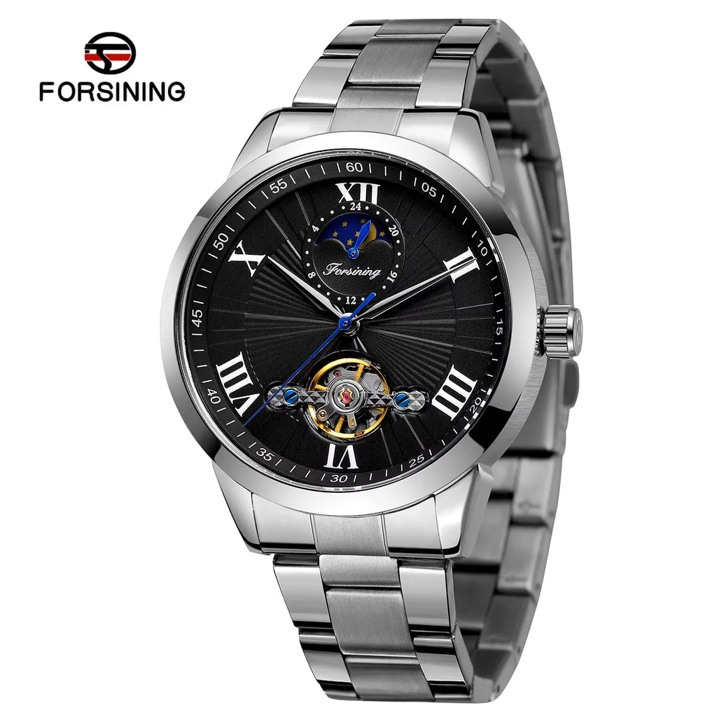 Forsining Men's Automatic Tourbillon Moon Phase Mechanical Watch Stainless Steel 3ATM Waterproof Luxury Design Business Style