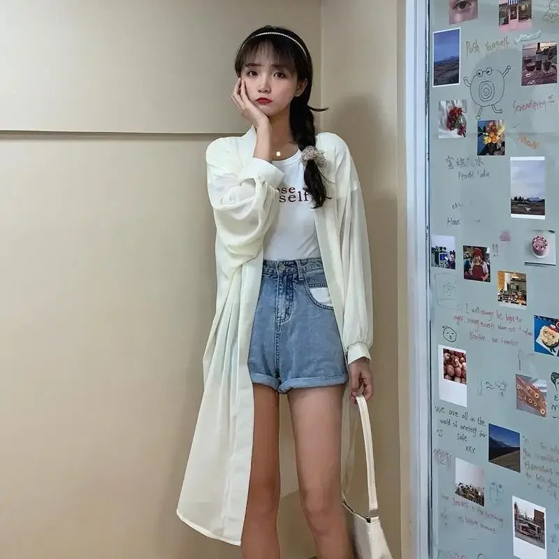 Long Shirts Women Summer Girls Sunscreen Clothing Seethrough Thin Loose Solid Simple Leisure All-match Korean Style Chiffon Tops