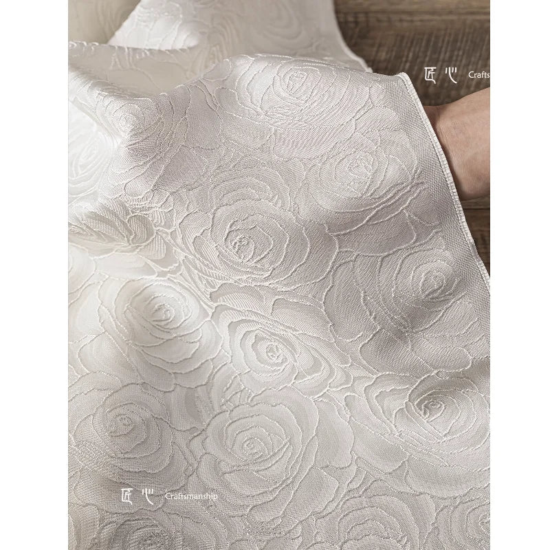 Jacquard Fabric White Large Rose Texture Windbreaker Dress Designer Cloth Diy Apaprel Sewing Meters Rayon Polyester Material