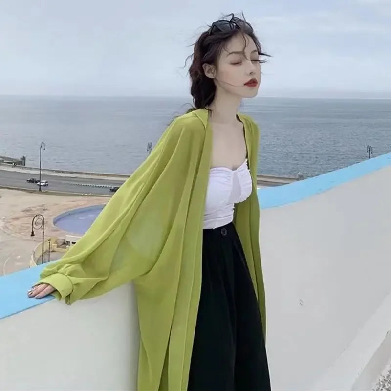 Long Shirts Women Summer Girls Sunscreen Clothing Seethrough Thin Loose Solid Simple Leisure All-match Korean Style Chiffon Tops