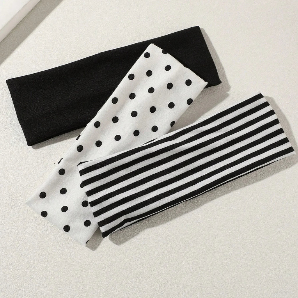 3Pcs Black & White Polka Dot Striped Elastic Headbands For Women Soft Stretchy Hair Accessory For Yoga Fitness Travel Daily Life