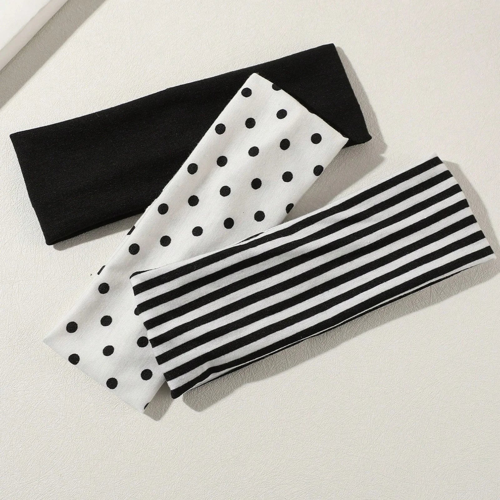 3Pcs Black & White Polka Dot Striped Elastic Headbands For Women Soft Stretchy Hair Accessory For Yoga Fitness Travel Daily Life