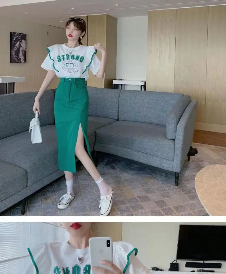 Summer 2024 Trendy Loose ort Sve T-irt Women's Top Design Sense Splicing Slimming Faionable Youthful Polyester Cotto...