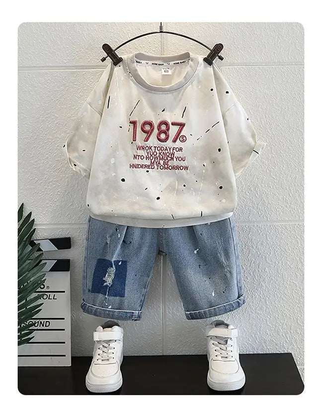 Summer Clothes Junior Boys Outfit Set Kids Outdoor Clothes for Children Letter Short Sleeve T-shirts + Denim Shorts 2 Piece Set
