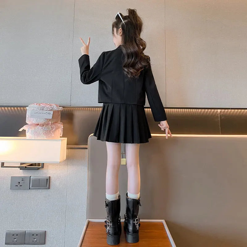 Junior Girl JK School Uniform Set Unique Formal Chain Smart Jackets and Pleated Skirt 2Pcs School Kids Child Uniform Blazer Suit