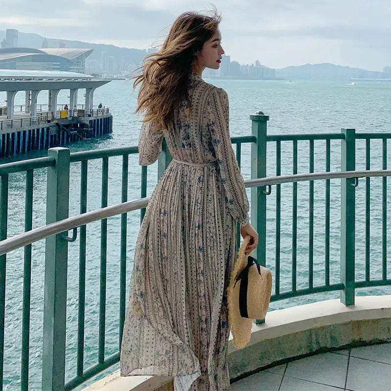 Retro Dress Spring Summer Long Sleeve Floral Chiffon High Waist Court Over Knee Popular Inside Women's Dress 2022Vestidos Office
