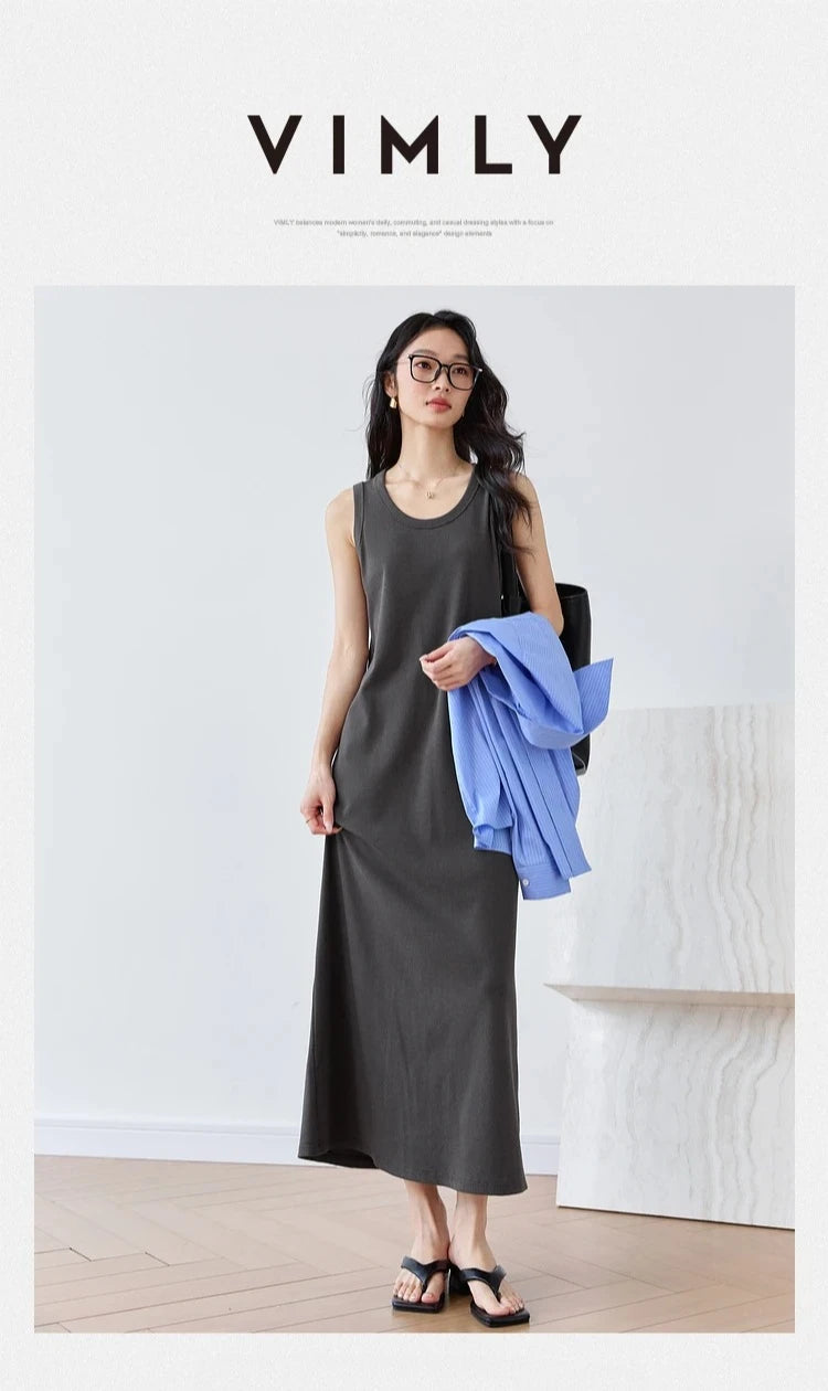 VIMLY Summer Tank Dresses 2026 Woman Simple Gray Cotton Blend Knitted Loose Sleeveless A Line Long Dress Women's Clothing M9852