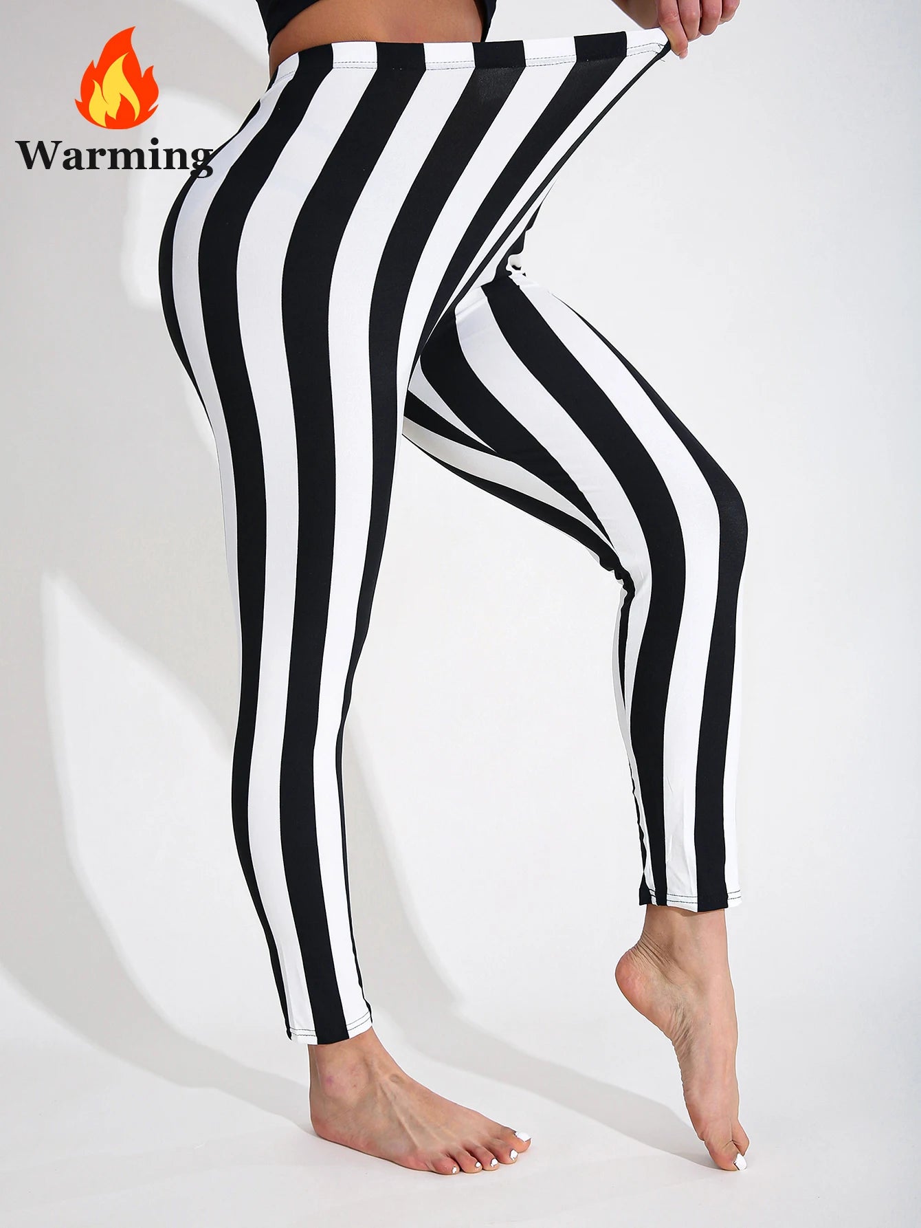 Autumn Winter 1PACK Women's Black White Thick Strip Velvet Thickened Sexy Tight Legging Casual Sports Elegant Fitness Yoga Pants