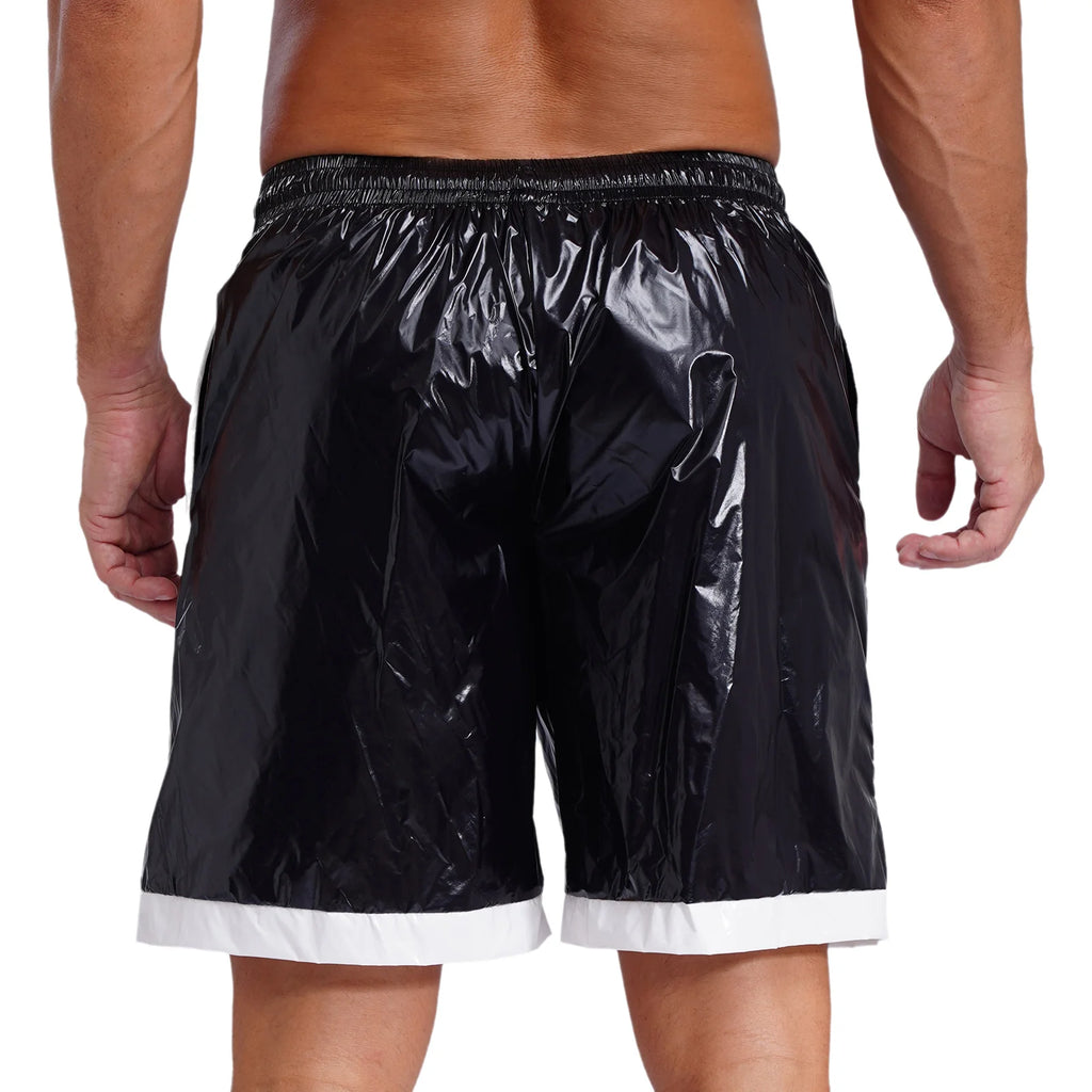 Swimwear Mens Swimming Trunks Wet Look Boxer Shorts Drawstring Elastic Waist Pockets Stripes Beach Sports Shorts Pajamas Costume