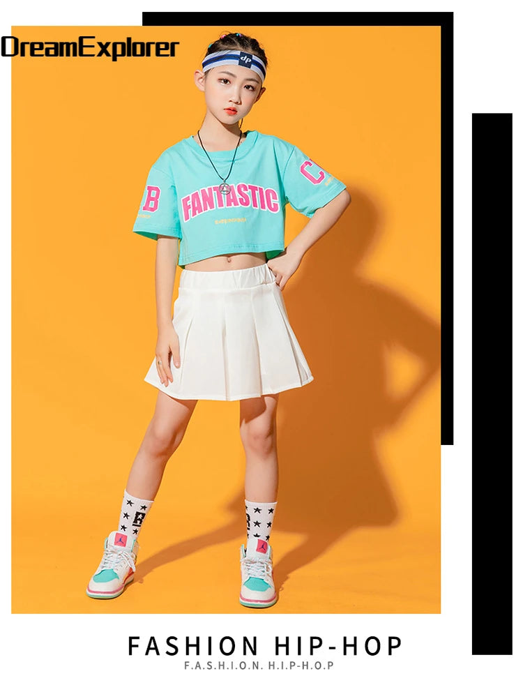 Boys Street Dance Blue T-shirt Shorts Girls Hip Hop Crop Top Skirt Outfits Kids Summer Costume Clothes Sets Children Streetwear