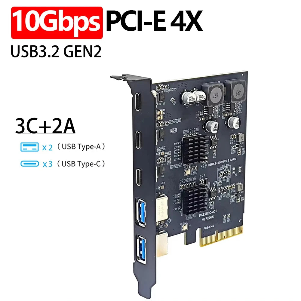 PCIE4X USB Expansion Card 10gbps 3USB A 2 USB C PCI Express X4 to USB3.2 Gen2 10Gbps Adapter PCI-E to USB 3.1 Type-C Expand HUB