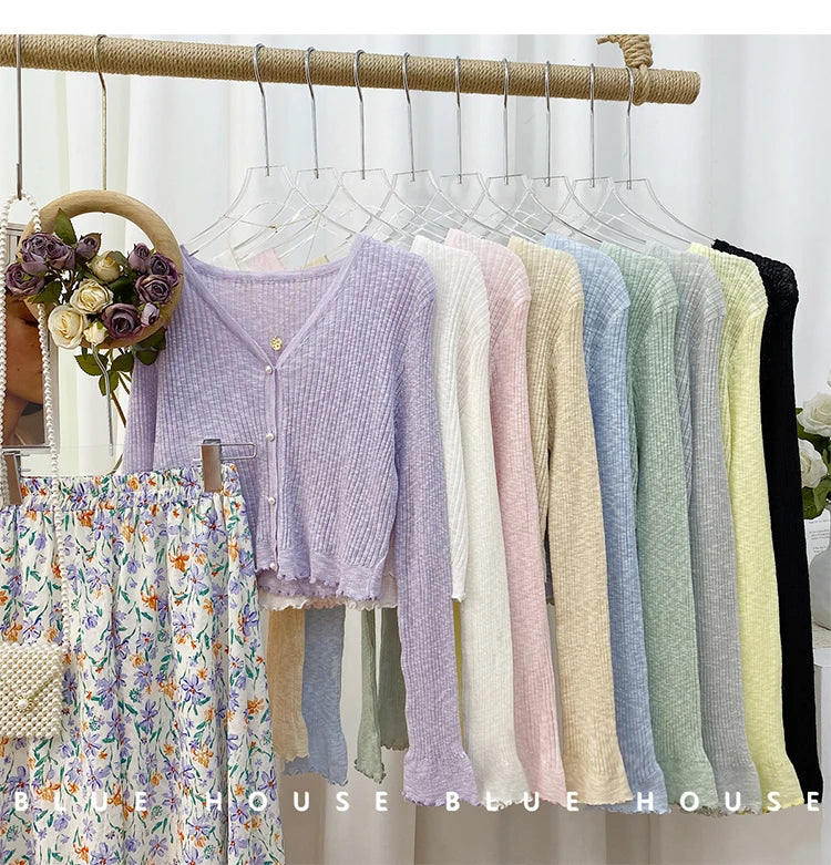 Women 2026 Spring Summer Short Pearl Button Thin Casual Coat Gentle Ruffle Trim Long Sleeve Ice Silk Sunscreen Knitted Cardigan