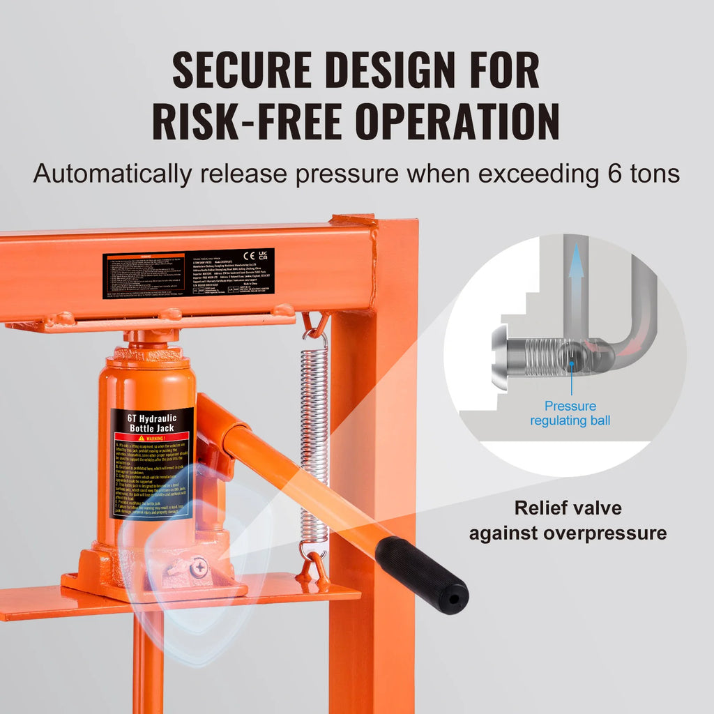 SucceBuy 6/12T Hydraulic H-Frame Garage Floor Adjustable Shop Press with Plates 6T/12T Orange for Garages or Professional Shop