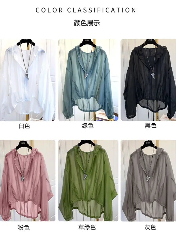 2025 New Ice Silk Thin Sunscreen Coat Women's Jacket Loose Sun Protection Shirt Hooded Top Summer Breathable Lightweight Shirt
