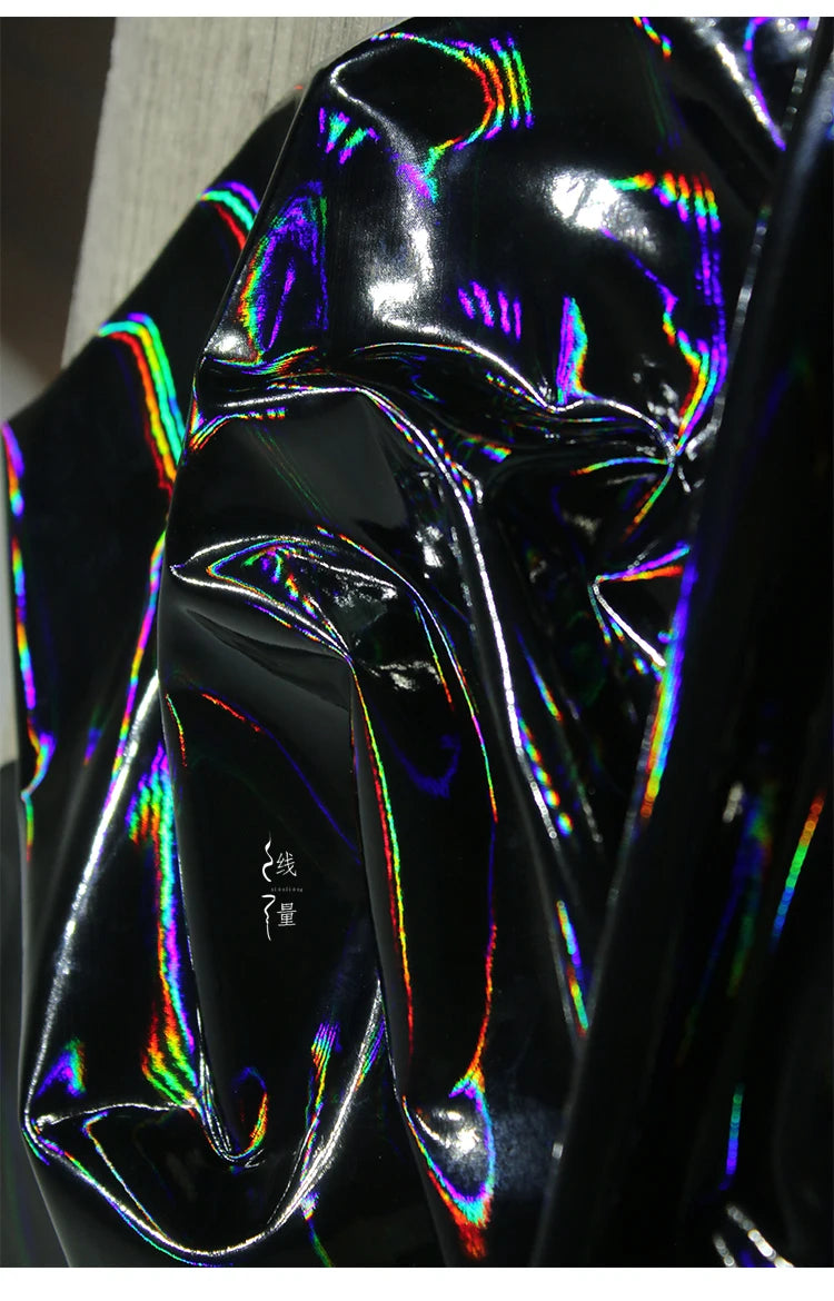 Black Iridescent Synthetic Leather Fabric Technology Oriented Micro Elastic TPU Fabrics Clothing Designer Cloth for Diy Sewing