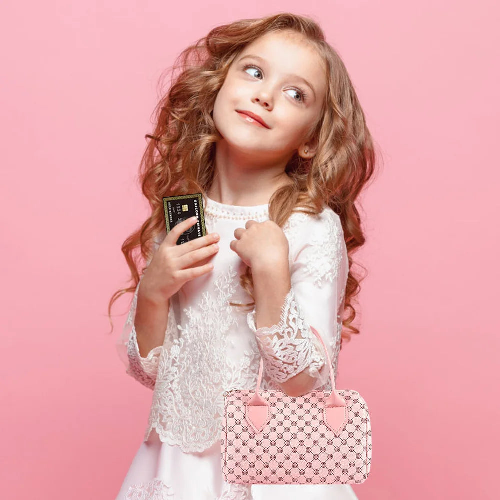 Little Girls Play Purse Princess Gifts Play Purse Set Cell Phone/Makeup/Keys Credit Card/Water Bottle/Sunglasses for Ages 3+